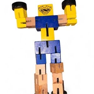 Wooden Robot Toy - Yellow & Blue Stackable Figure